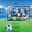 Soccer goal with scoring display and soccer ball on a field background