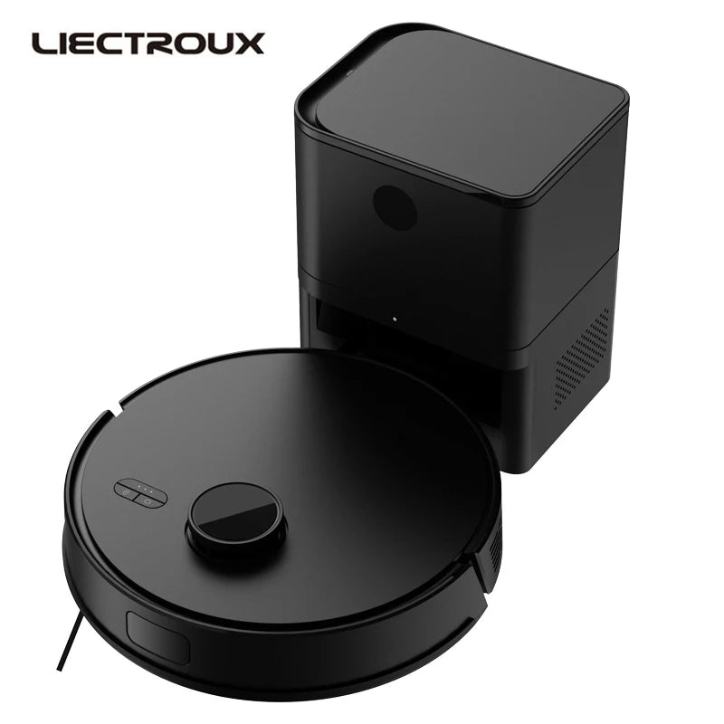 Black robot vacuum cleaner with charging station on a white background, featuring the LIECTROUX brand.