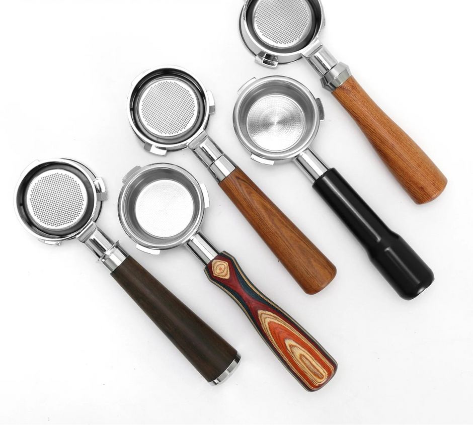 Set of five coffee tampers with wooden handles on a white background, branded 'KISSHOME'.