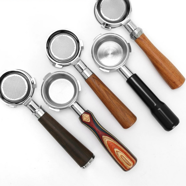 Set of five coffee tampers with wooden handles on a white background, branded 'KISSHOME'.