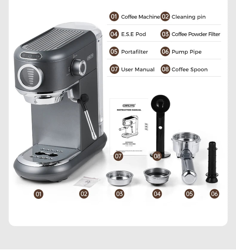 Espresso machine with its components listed on a white background
