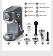 Espresso machine with its components listed on a white background