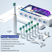 Sonic electric toothbrush set with packaging, brush heads, and accessories on a light blue background.