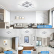 Collage of a modern living room, bedroom, bathroom, and kitchen with ceiling lights labeled 'Vivir Rto'.