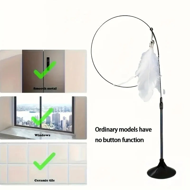 Floor lamp with feather attachment and text about button function on a white background