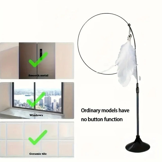 Floor lamp with feather attachment and text about button function on a white background