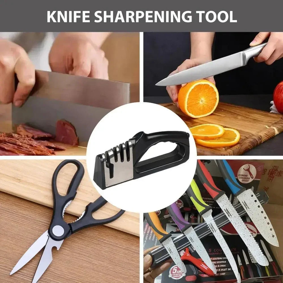 Collage of knife sharpening tool in use with various kitchen activities.