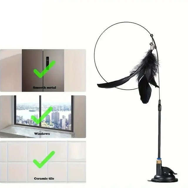 Cat toy with feather on a stand, shown on smooth metal, glass window, and ceramic tile surfaces.