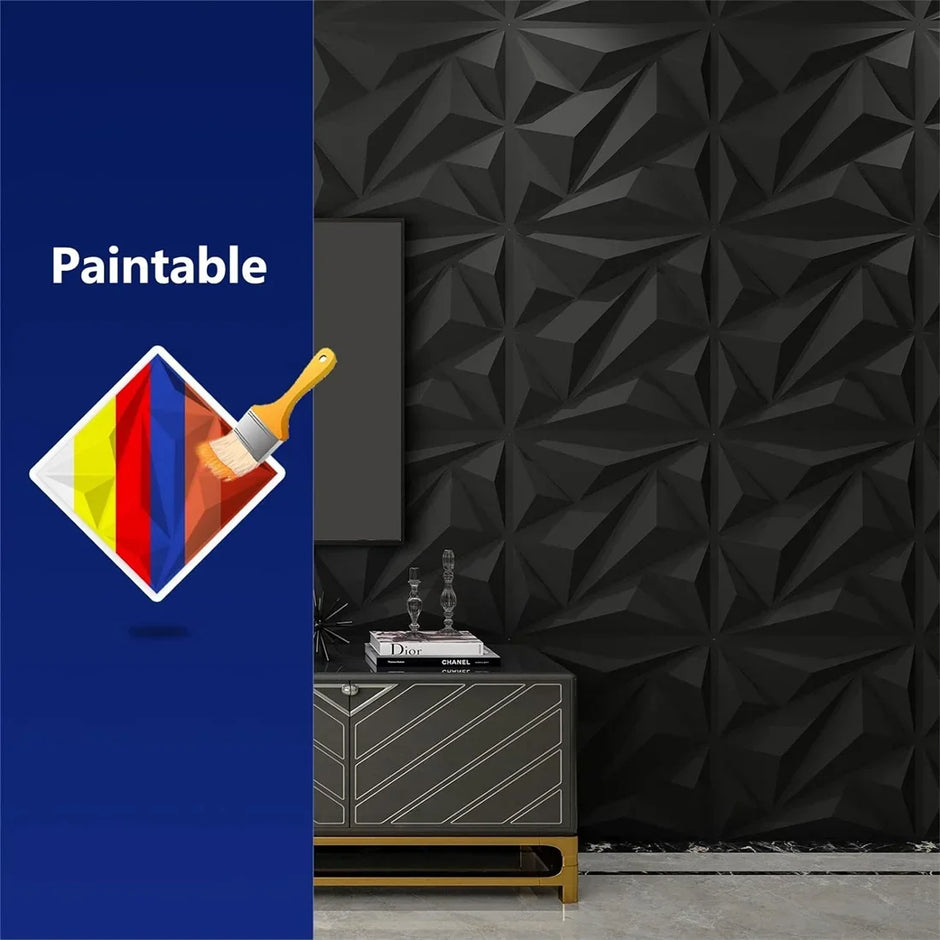 Geometric black wall panel with 'Paintable' logo on a blue background