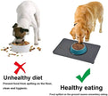 Two dogs eating from bowls with and without a mat, highlighting healthy eating habits.