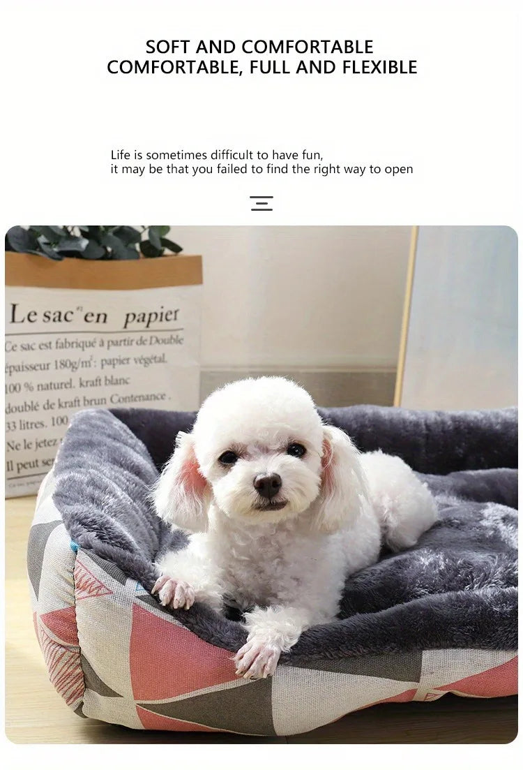 White dog on a patterned pet bed with text about comfort and flexibility.