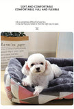 White dog on a patterned pet bed with text about comfort and flexibility.