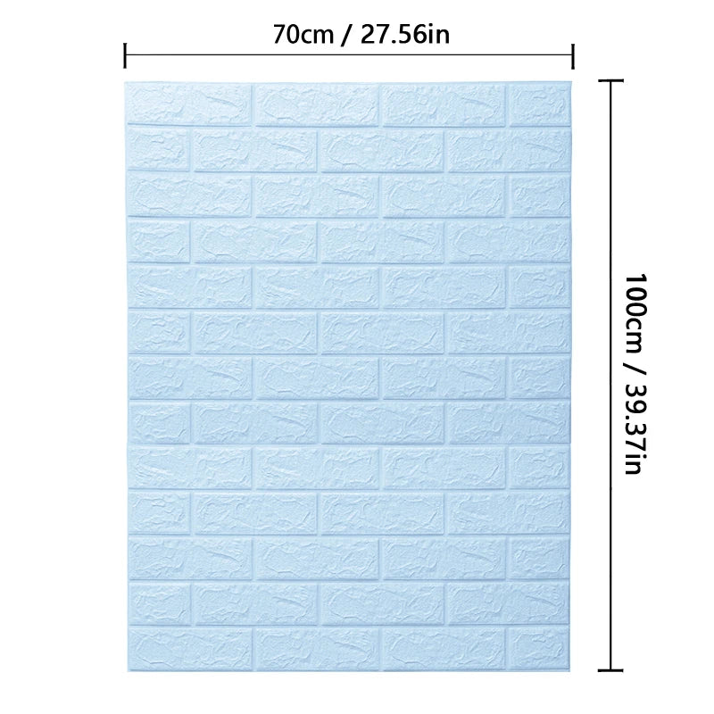 Blue brick-patterned wall sticker with dimensions on a white background
