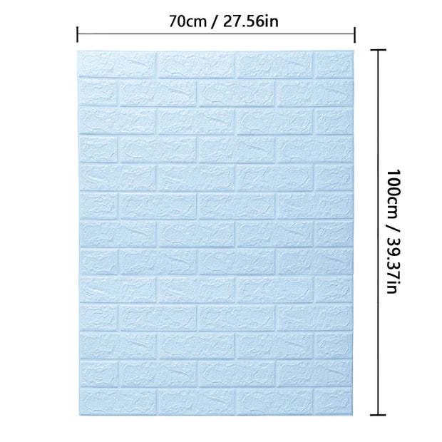 Blue brick-patterned wall sticker with dimensions on a white background