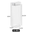 Clear storage container with dimensions labeled on a white background