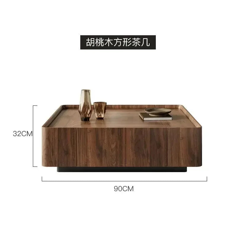 Wooden coffee table with dimensions labeled on a white background