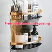 Corner shelf with various items on a white wall, featuring text 'Free adjustment of spacing'.