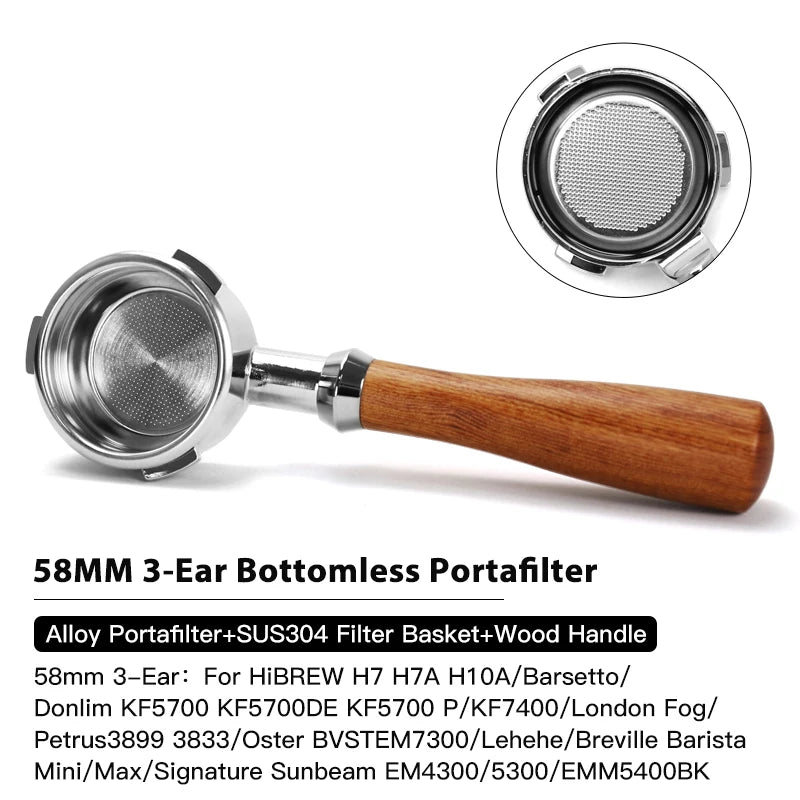 بورتافيلتر 58mm بدون قاع – 3 آذان، سلة SUS304، متوافق مع Breville وHiBREW وBarsetto والمزيد
