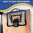 Basketball hoop mounted on a door with text 'Easy to fold for storage' above it.