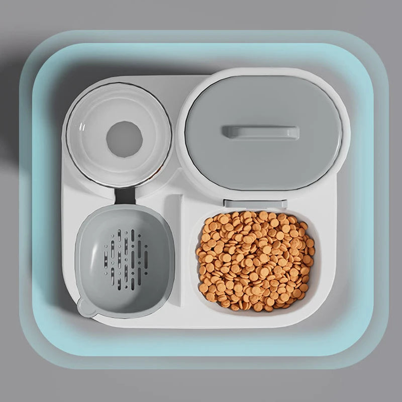Pet food container with compartments and pet food on a gray background