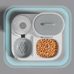 Pet food container with compartments and pet food on a gray background