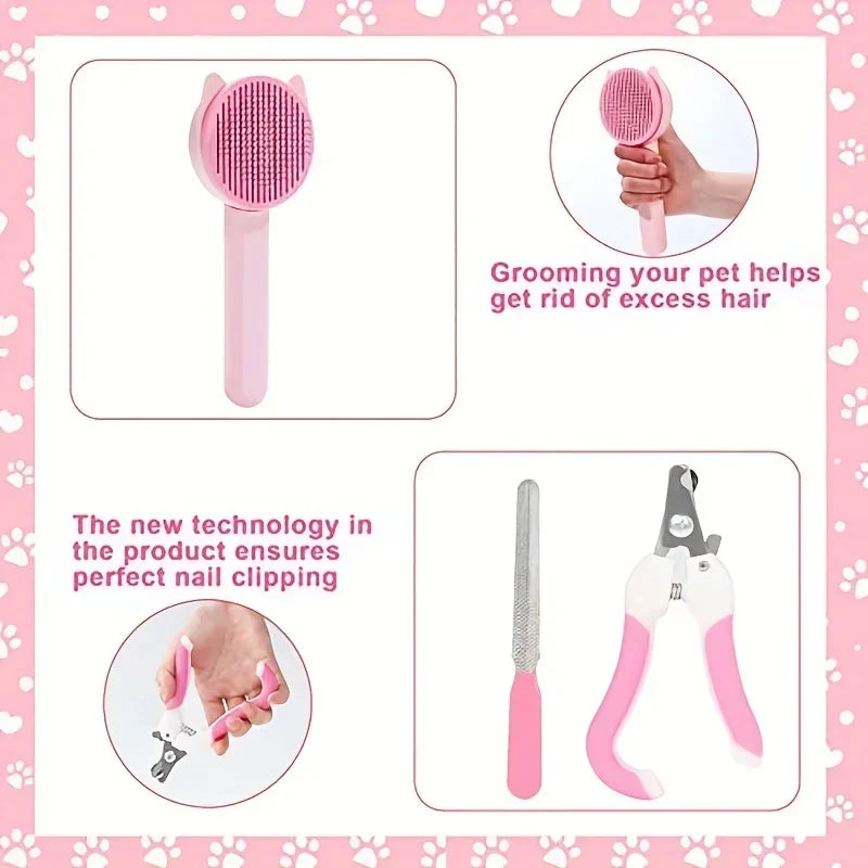 Set of pink pet grooming tools with text on a pink background with paw prints.
