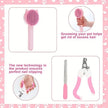 Set of pink pet grooming tools with text on a pink background with paw prints.