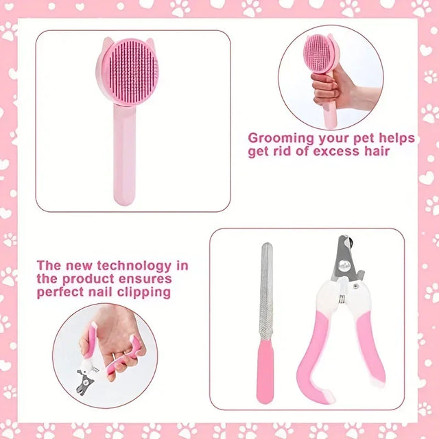 Set of pink pet grooming tools with text on a pink background with paw prints.