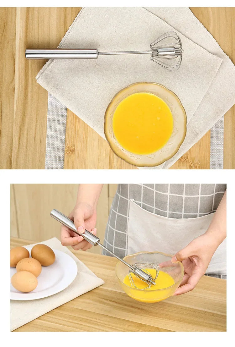 Metal whisk being used to mix eggs in a bowl on a wooden surface.