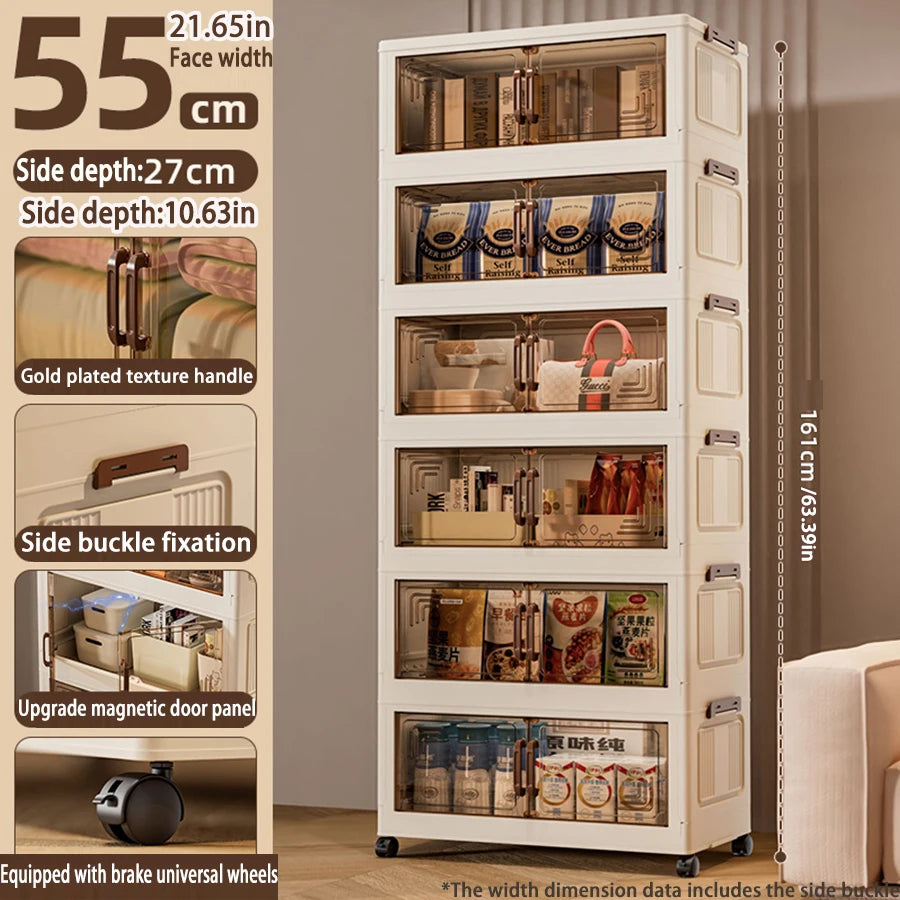 Multifunctional storage cabinet with various compartments and features displayed.