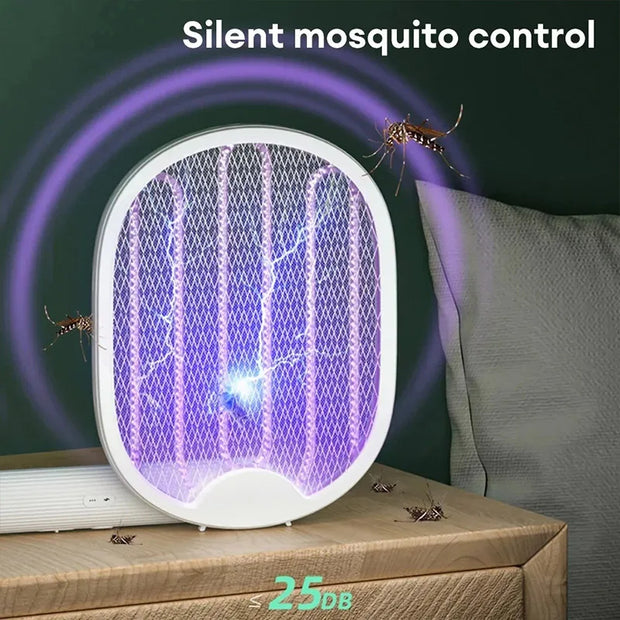 Mosquito zapper with purple light and text 'Silent mosquito control' on a dark background.