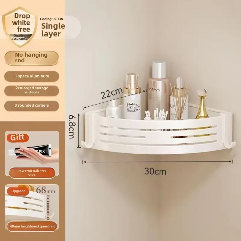 White corner shelf with cosmetic products on a beige wall, featuring dimensions and product details.
