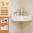 White corner shelf with cosmetic products on a beige wall, featuring dimensions and product details.