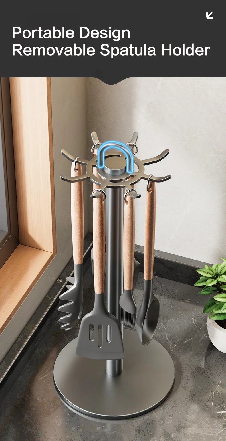 Portable spatula holder with multiple spatulas on a kitchen counter.