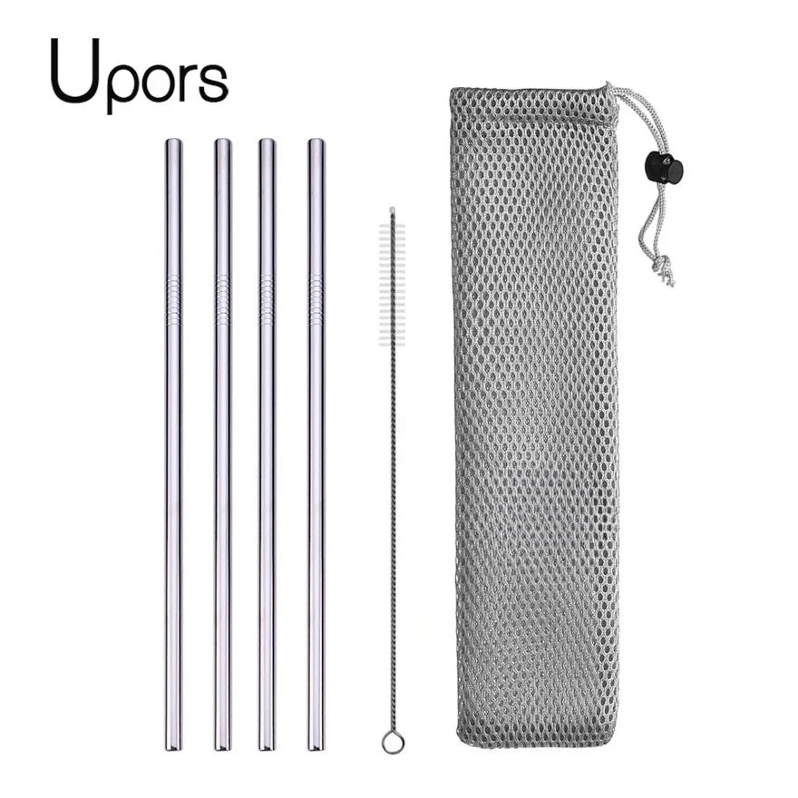 Set of metal straws with cleaning brush and mesh pouch on a white background, branded 'Upors'.