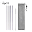 Set of metal straws with cleaning brush and mesh pouch on a white background, branded 'Upors'.