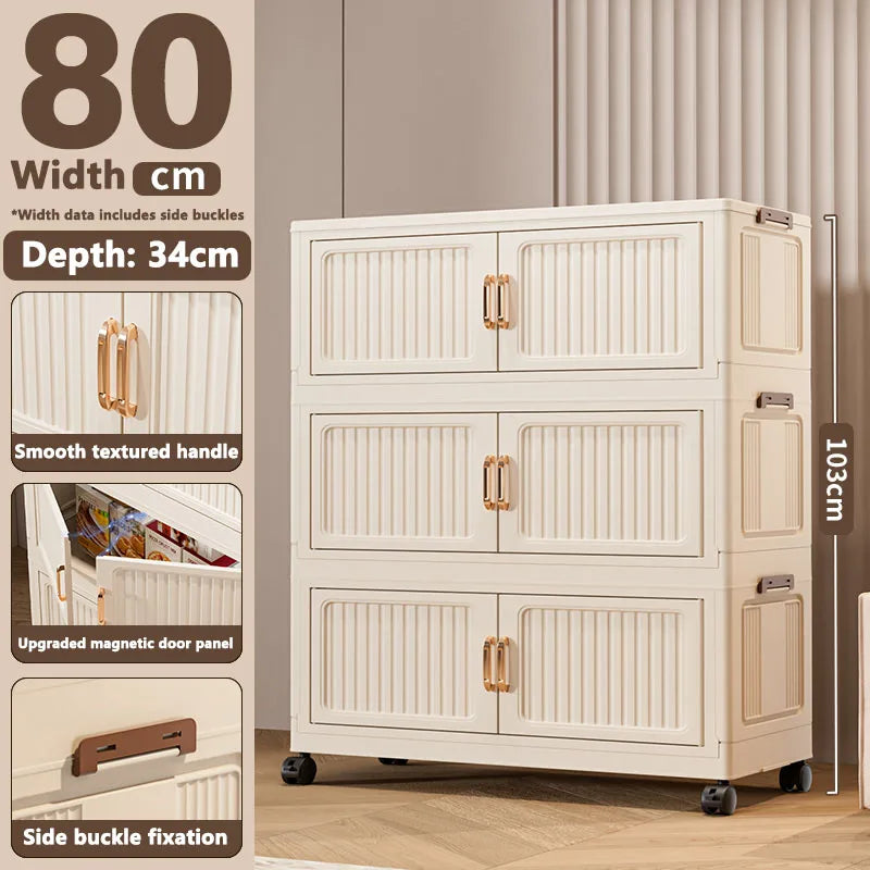 White storage cabinet with gold handles on a neutral background, showing dimensions and features.