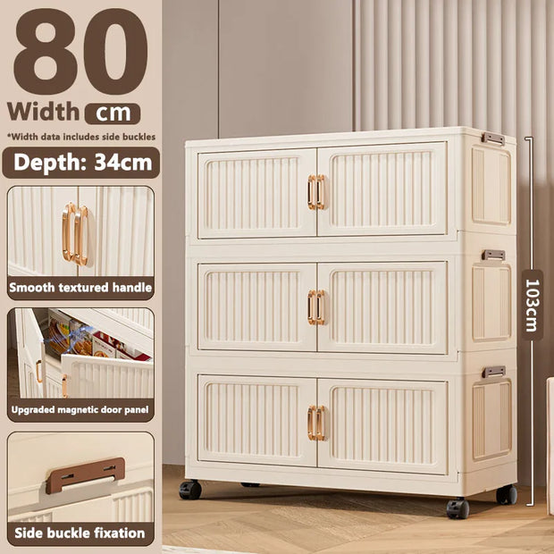 White storage cabinet with gold handles on a neutral background, showing dimensions and features.