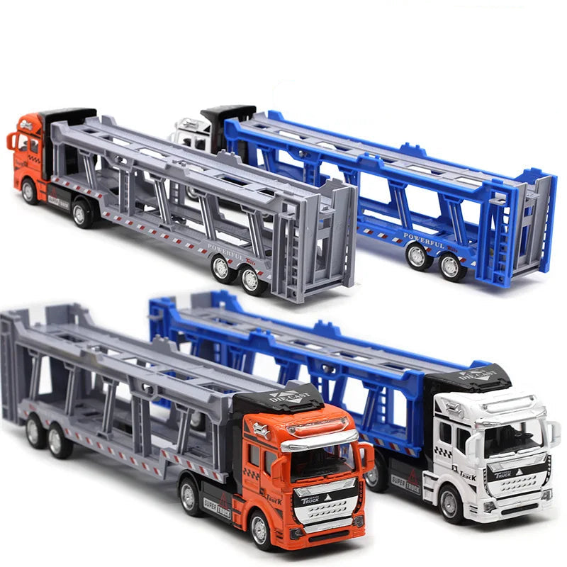 Toy car carrier trucks in orange, blue, and gray on a white background with text.