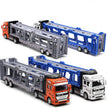Toy car carrier trucks in orange, blue, and gray on a white background with text.