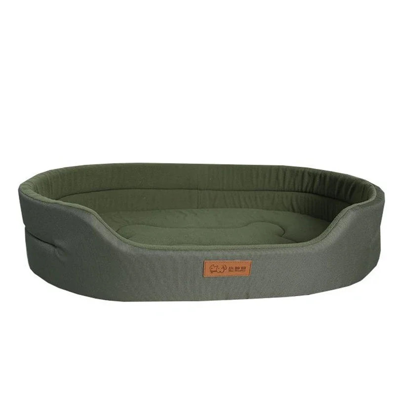 Green pet bed with a brand label on a white background