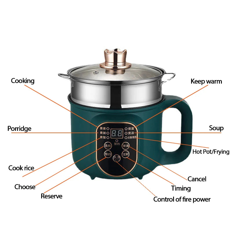 Multifunctional electric pot with labeled functions on a white background
