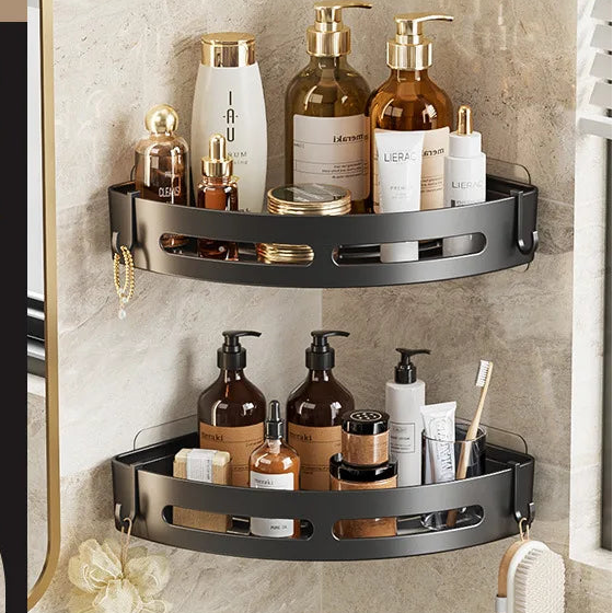 Bathroom corner shelf with toiletries against a tiled wall
