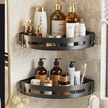 Bathroom corner shelf with toiletries against a tiled wall