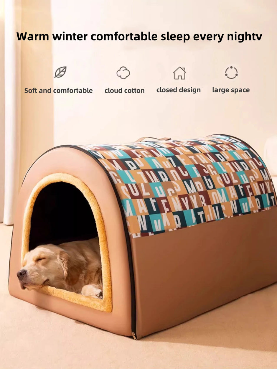 Patterned pet bed with a dog inside, featuring text about comfort and features.