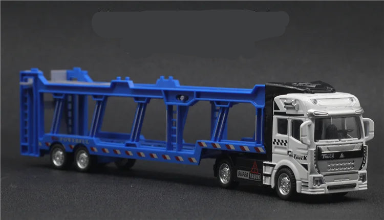 Toy truck with a blue trailer on a dark background