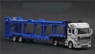 Toy truck with a blue trailer on a dark background