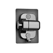 Metallic shower control valve on a white background