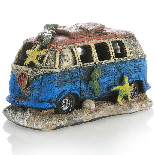 Decorative miniature van with sea creature designs on a white background