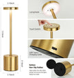 Gold floor lamp with measurements and features highlighted on a white background